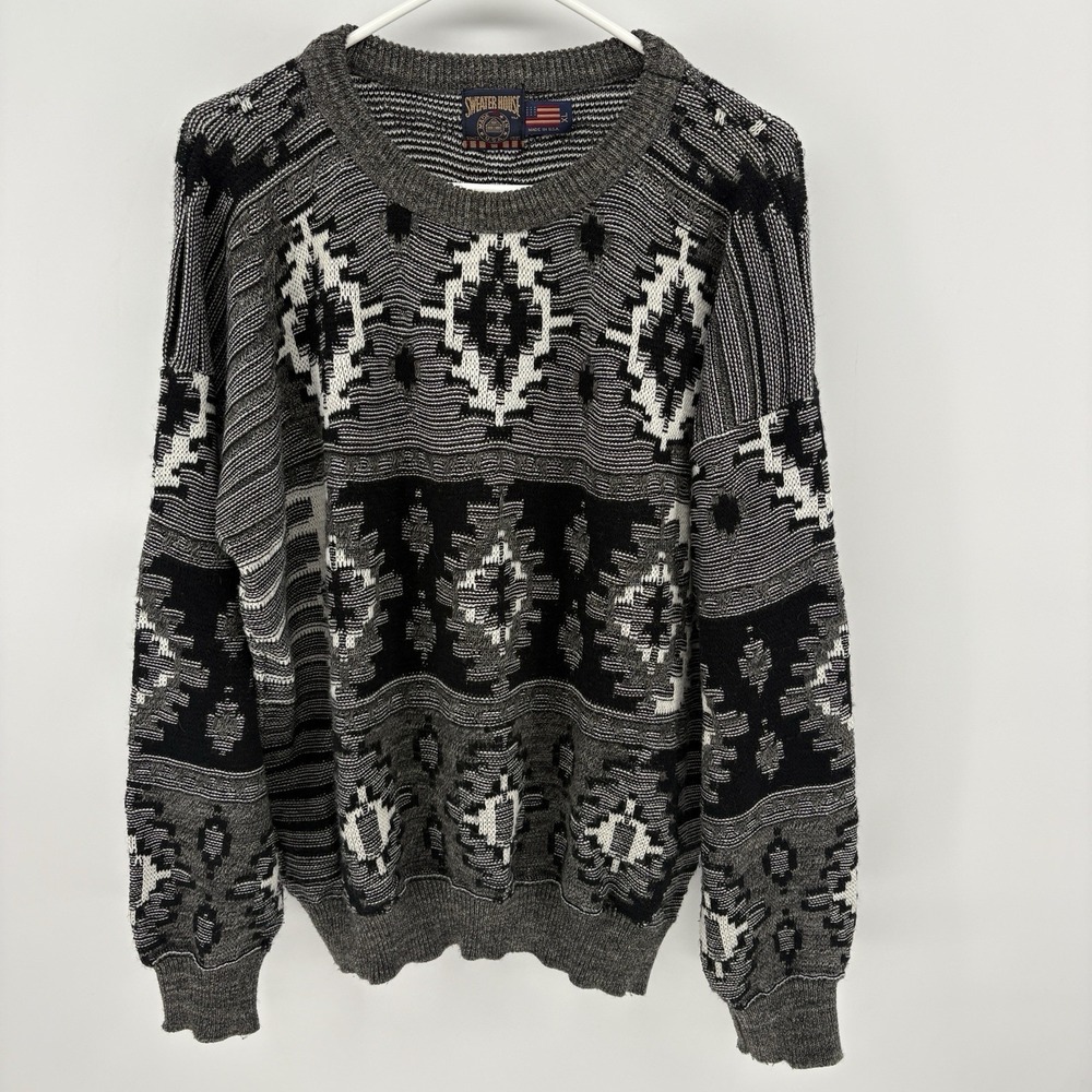 Vintage‎ Sweater House Aztec Western Print Sweater Gray & Black 100% Acrylic XL